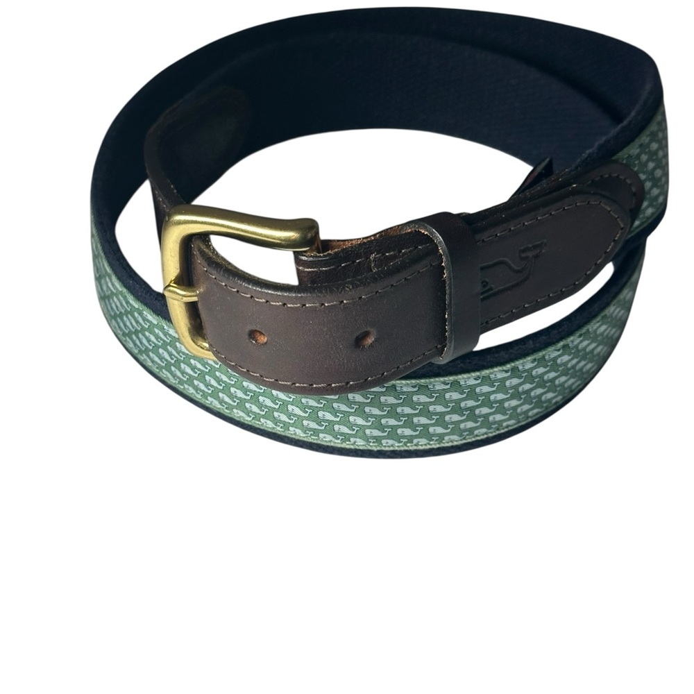 Vineyard Vines Whale Belt Men's Size 38 Brown Leather and Green Brass Buckle
